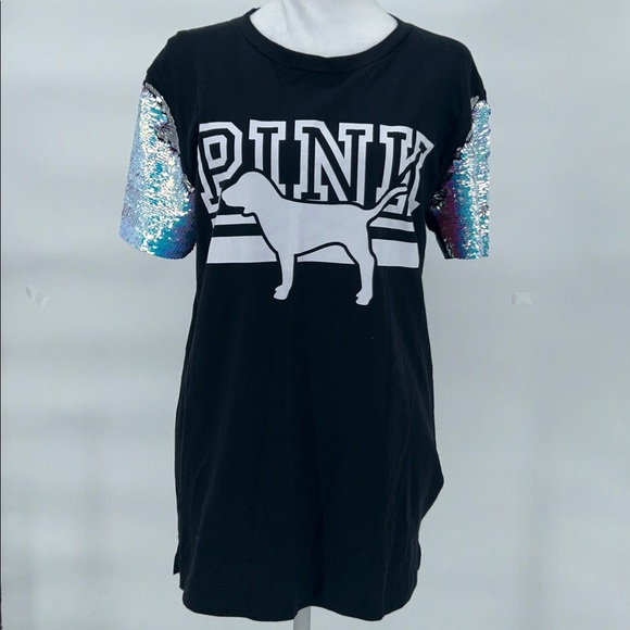 PINK Victoria's Secret Black Tee with Sequin Sleeves size XS - Picture 3 of 11